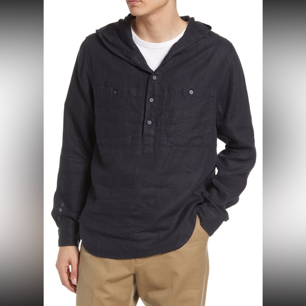 NWT Vince Classic Fit Linen Henley Hoodie in Coastal Blue Size Large.